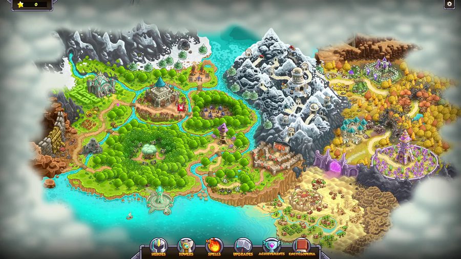 Campaign world map in Kingdom Rush 6: Genesis TD with the three regions and their stages