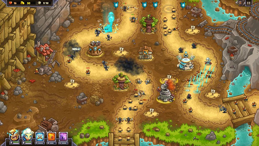 Desert battlefield in Kingdom Rush 6: Genesis TD with artillery and barracks towers