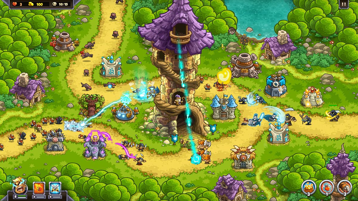 Forest battlefield in Kingdom Rush 6: Genesis TD with a tower on the path and enemies approaching