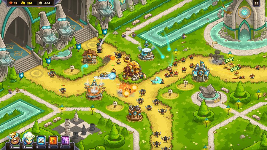 Grassland map in Kingdom Rush 6: Genesis TD with several towers guarding the lane