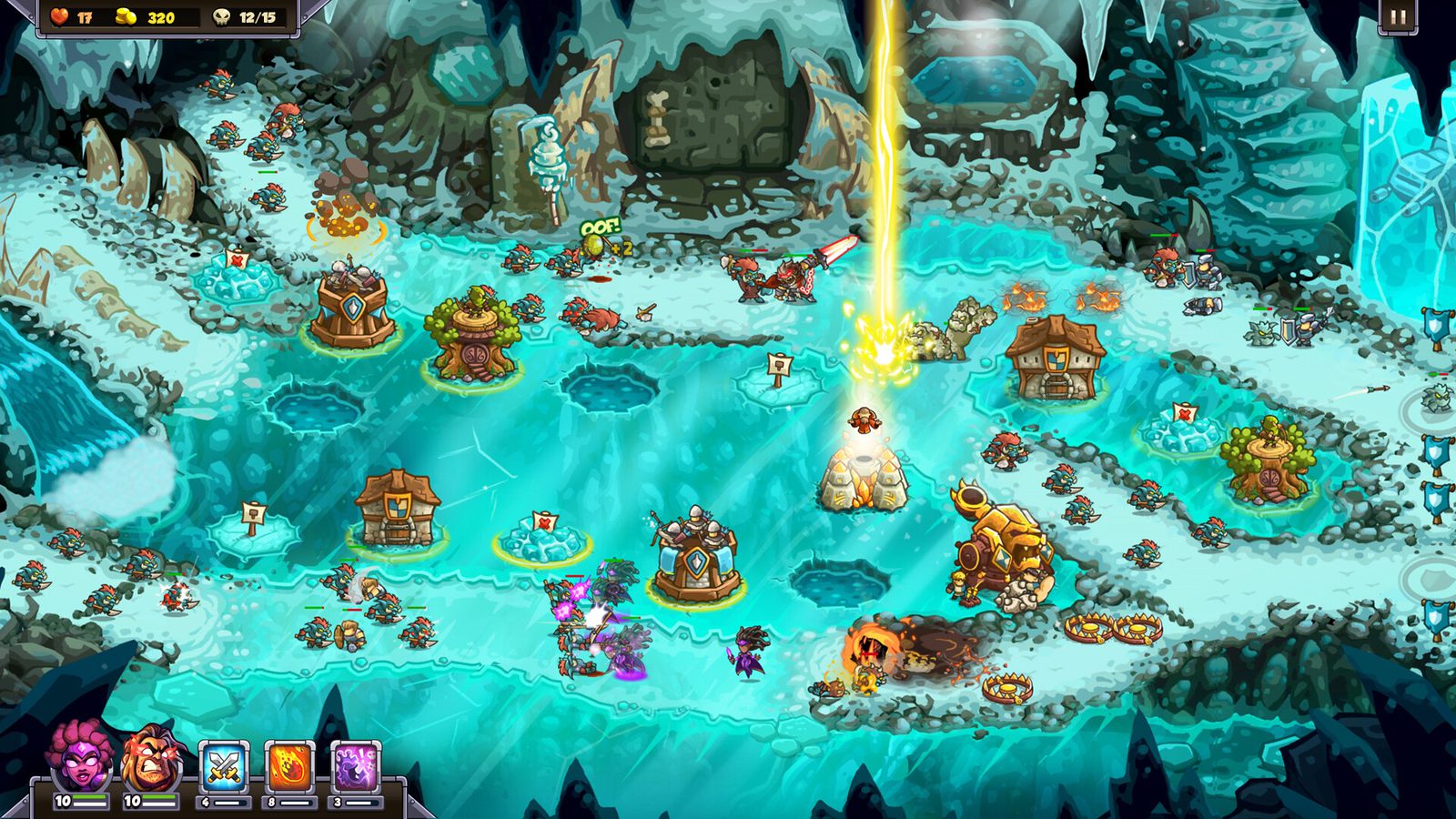 Kingdom Rush 6: Genesis TD defense line on a frozen map, with towers covering the enemy path