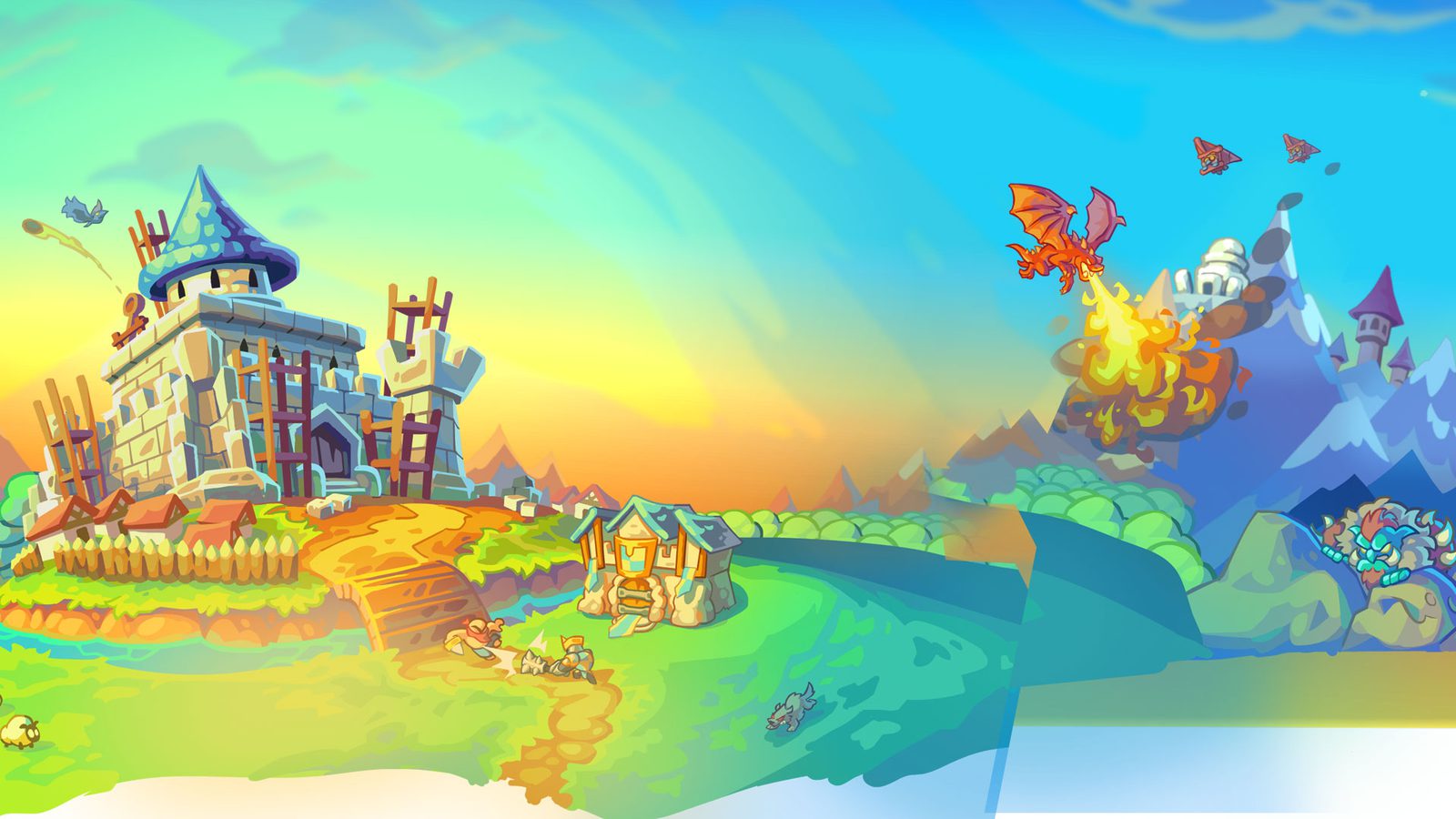 Kingdom Rush 6: Genesis key art showing a castle, a flying dragon and the kingdom skyline