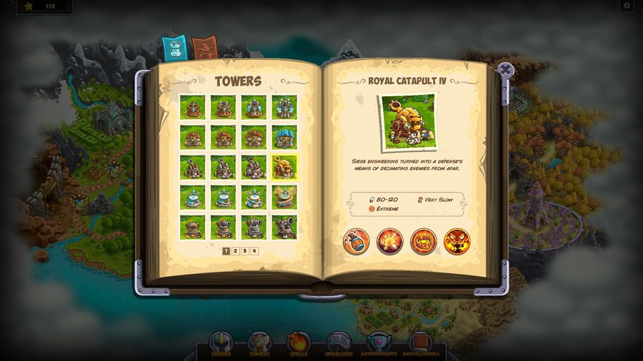 The tower codex page in Kingdom Rush 6: Genesis TD, listing every defensive structure