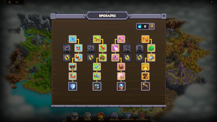 Upgrade tree screen in Kingdom Rush 6: Genesis TD showing tower and hero upgrades