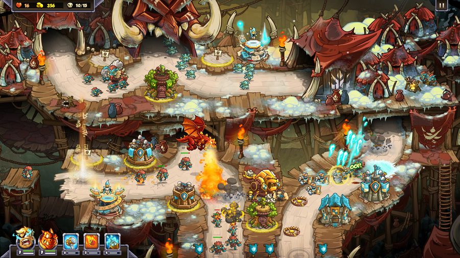 Volcanic stage in Kingdom Rush 6: Genesis TD with a heavily defended chokepoint